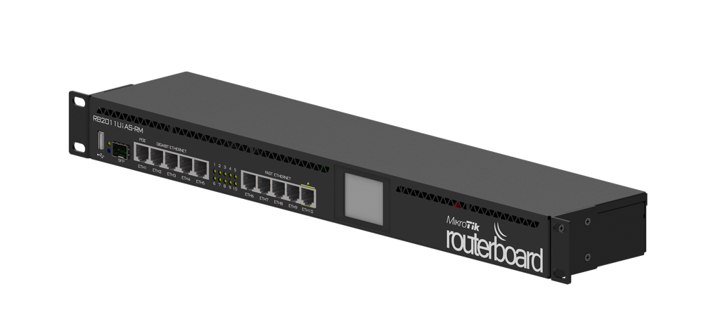 MikroTik - ROUTERBOARD RB2011UIAS-RM, CPU 600MHz, RAM 128MB, SFP DDMI, 5 puertos 10/100 + 5 puertos 10/100/1000, L5