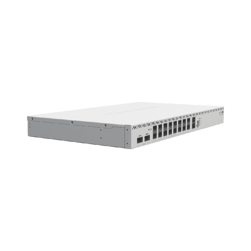 MikroTik - CRS518-16XS-2XQ-RM Switch administrable 16 puertos XSFP (25gbps), 2 puertos QSFP (100gbps) y 1 ethernet de 1Gb. Doble fuente hot-swap.