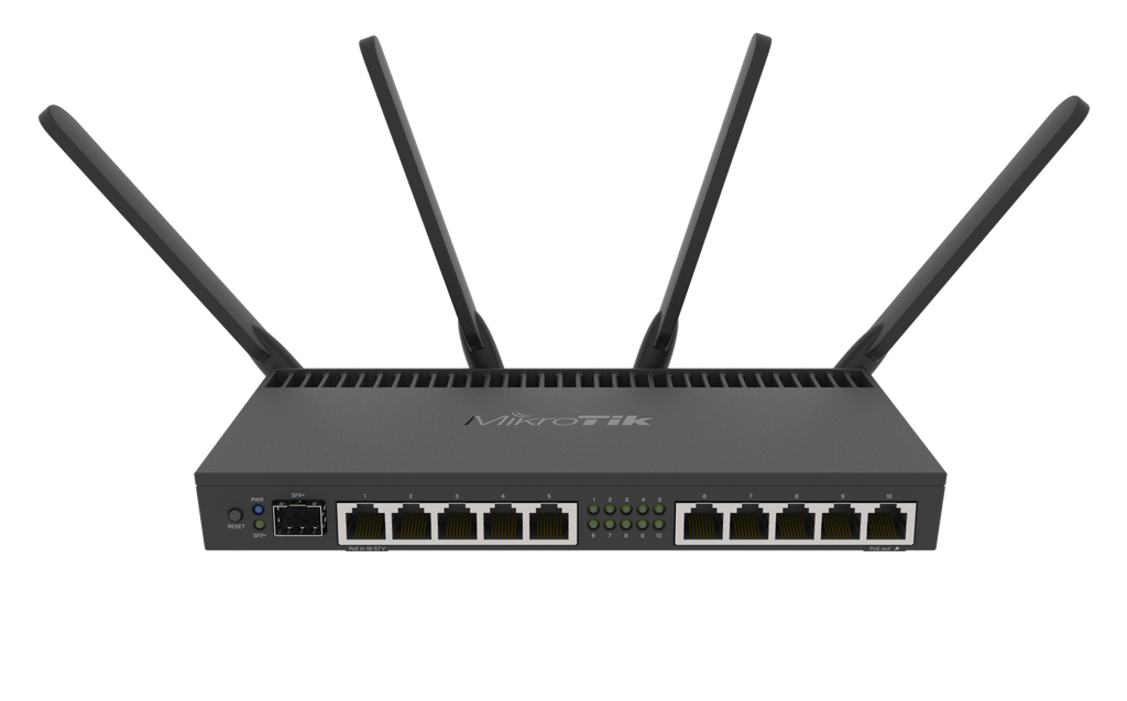 MikroTik RB4011iGS+5HacQ2HnD-IN , 10 puertos gigabit, 1 SFP+ 10 gbps,1 GB de RAM, WIFI 4, doble banda 2.4 / 5.8 ghz.