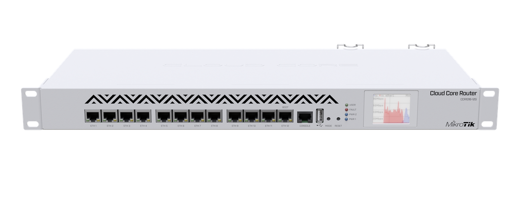MikroTik - Cloud Core Router 16 nucleos, 1.2GHz, 2GB de RAM, 12 puertos gigabit, L6, 1U, pantalla LCD, USB, doble fuente.