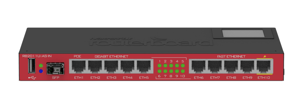 MikroTik - ROUTERBOARD RB2011UIAS-IN, CPU 600MHz, RAM 128MB, SFP DDMI, 5 puertos 10/100 + 5 puertos 10/100/1000, L5