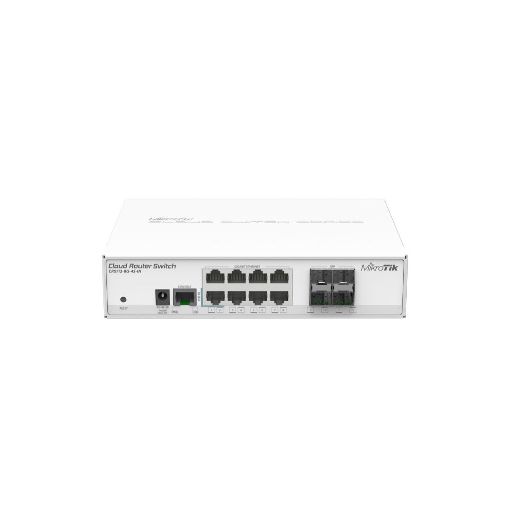 MikroTik - CRS112-8G-4S-IN - Cloud Router Switch 8 puertos Gb, 4 puertos SFP, procesador de 400Mhz, 128MB RAM, RouterOS L5.