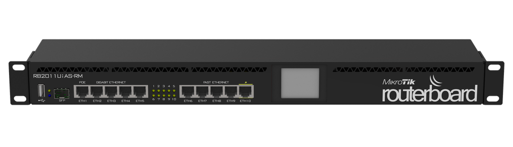 MikroTik - ROUTERBOARD RB2011UIAS-RM, CPU 600MHz, RAM 128MB, SFP DDMI, 5 puertos 10/100 + 5 puertos 10/100/1000, L5