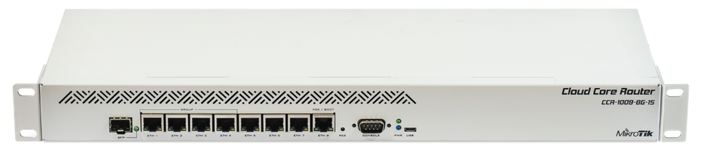 MikroTik - 7x Gigabit Ethernet, 1x Combo port (SFP or Gigabit Ethernet), 9 cores x 1GHz CPU, 1GB RAM, passive cooling case, RouterOS L6