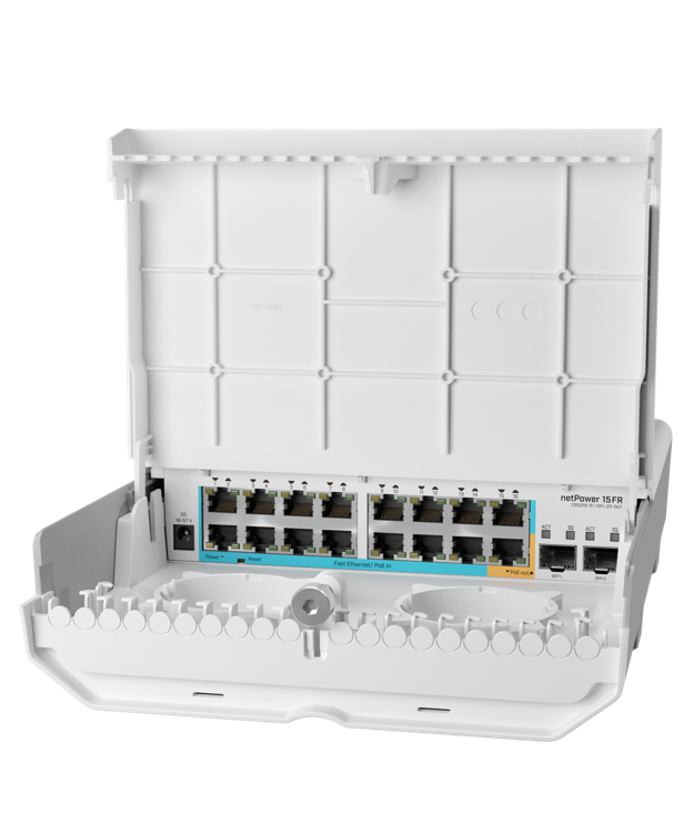 MikroTik - CRS318-16P-2S+OUT - WITH 800MHZ CPU, 256MB RAM, 16X GLAN W/POE-OUT, 2X SFP+ CAGES, ROUTEROS L5 OR SWITCHOS (DUAL BOOT), OUTDOOR ENCLOSURE. FUENTE DE ENERGIA NO INCLUIDA (SE RECOMIENDA 48V2A96W)